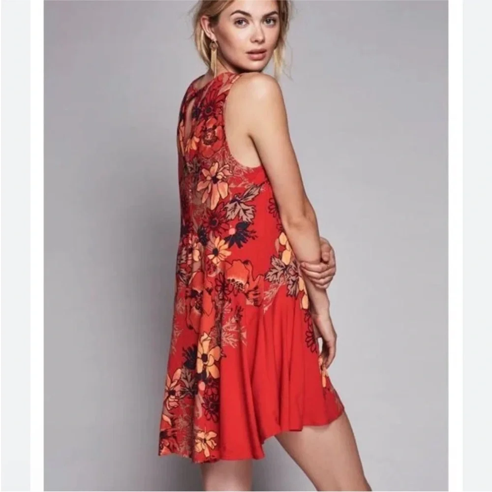 Free People Backyard Party Gauze Printed Tunic Red Floral Small